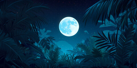 A serene night scene featuring a bright full moon surrounded by lush tropical foliage under a starry sky.