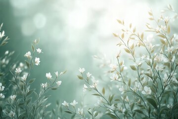 Elegant white flowers with delicate green leaves against a soft, dreamy background. A serene floral composition perfect for natural themes, romantic designs, and peaceful aesthetics.