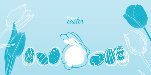 Naklejka premium Light blue banner design for Happy Easter post. Illustration with hand drawn rabbit and eggs. Line art flowers on the background and a Happy Easter font mix. 