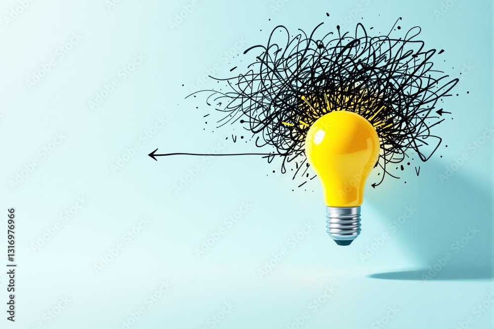 Poster lightbulb with scribbles symbolizing ideas, on a blue background.