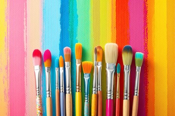 Fototapeta premium Colorful paintbrushes arranged against a rainbow-painted background.