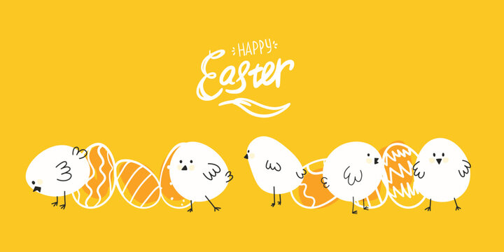 Yellow banner with hand drawn cute chicks and eggs.  Awesome font mix written Happy Easter. Cute and playful banner design for Easter print or social media post.