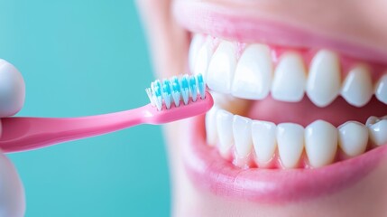 A close-up of a person brushing their teeth with a pink toothbrush, showcasing bright, healthy teeth against a soft blue background.