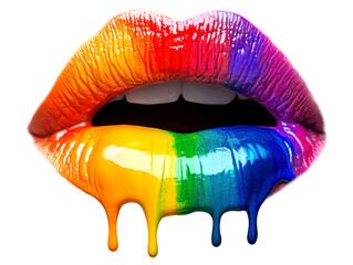 Rainbow Lips with Colorful Drips and Glossy Texture Isolate on Transparent Background, cutout, png