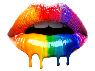 Rainbow Lips with Colorful Drips and Glossy Texture Isolate on Transparent Background, cutout, png