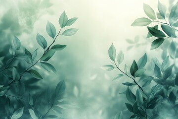 Elegant dark green leaves emerge from a misty, abstract background, creating a serene and artistic nature-inspired composition with a soft, dreamy effect.