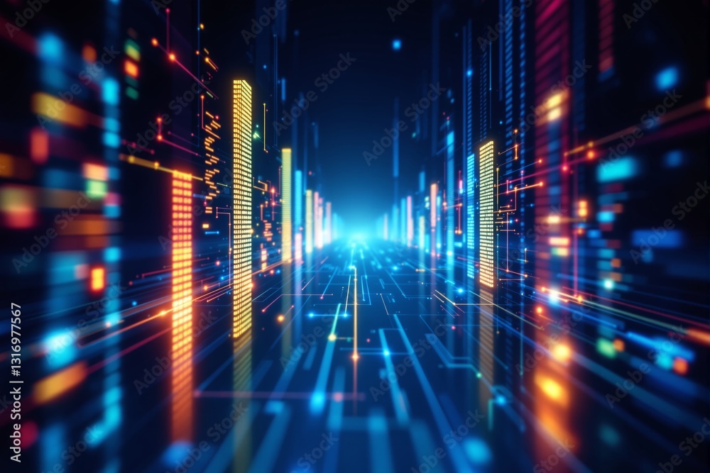Poster futuristic digital landscape with vibrant lights and data flow.
