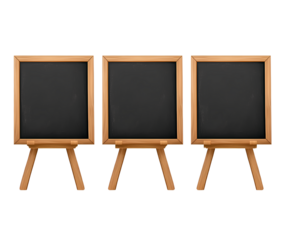 Set of three blank wooden menu boards with easel stands, isolated on a transparent background. PNG file. 