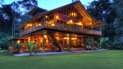 Obraz premium Tropical rainforest two-story house with natural materials, wooden stairs, and lush surroundings.