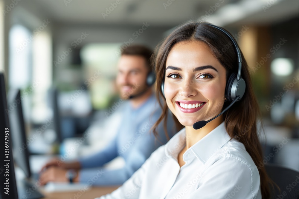 Aufkleber call center agents working in office environment.