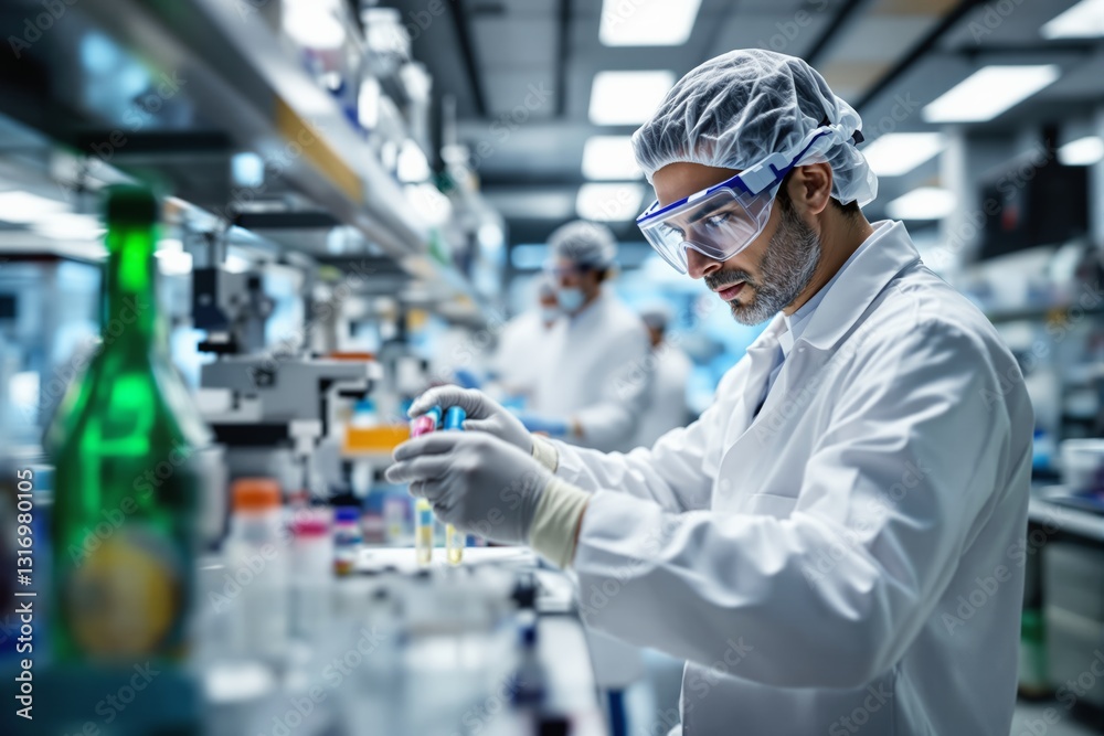 Aufkleber Scientist working in a laboratory analyzing samples with focused expression.