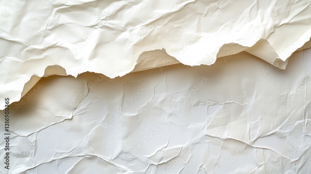 Poster abstract background of crumpled white paper with torn edges creating depth and texture for artistic 