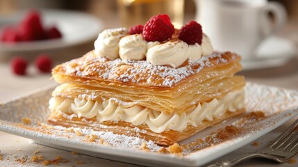 Delicious Layered Pastry Dessert with Cream and Raspberries on a Rustic Table Setting