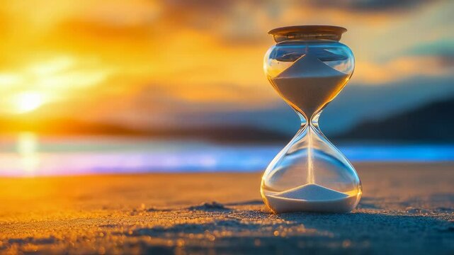 Sand timer resting on sandy beach during sunset with vibrant sky and calming waves