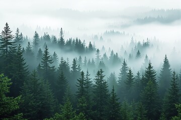 Fototapeta premium Misty Forest Landscape with Evergreen Trees.