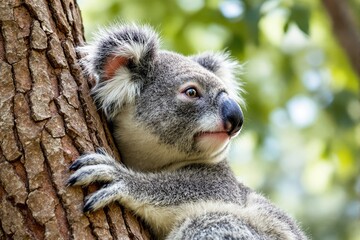 Naklejka premium Koala clinging to a tree in a forest setting.