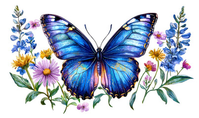 Fototapeta premium Blue Butterfly Spreading Wings Among Vibrant Flowers Isolate on White Background