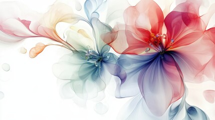Obraz premium Stylized floral swirls with glass-like transparency, elegant watercolor draping, gemstone hues, plain white background