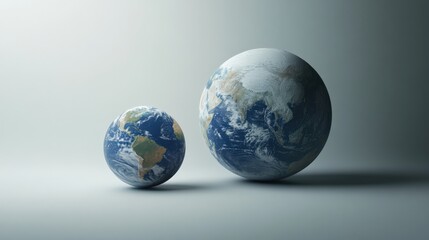 Fototapeta premium Two Earth Models Showcasing Size Comparison on a Minimalistic Background for Educational Use