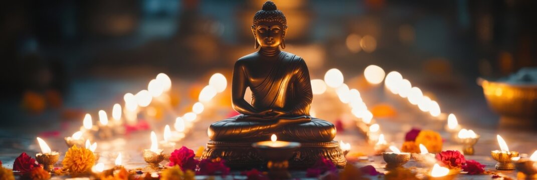 Happy Mahavir Jayanti with Lord Buddha Statue in Candlelight, Evoking a Sense of Calm and Tranquility.