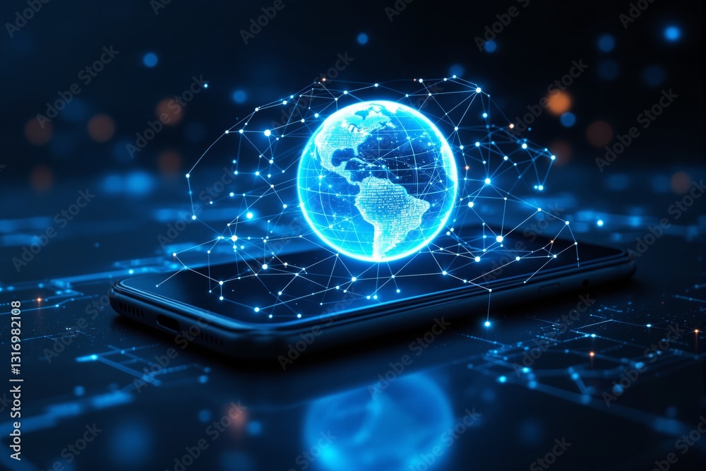 Poster glowing digital globe above smartphone on futuristic tech background.