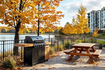 Outdoor barbecue area with a wooden picnic table and grill on a deck overlooking a lake with autumn foliage.
