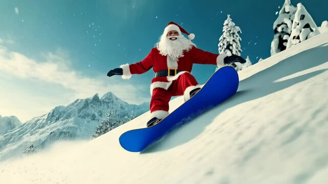 Santa Claus enjoys snowboarding on a snowy mountain during winter with a vibrant sky and beautiful landscape