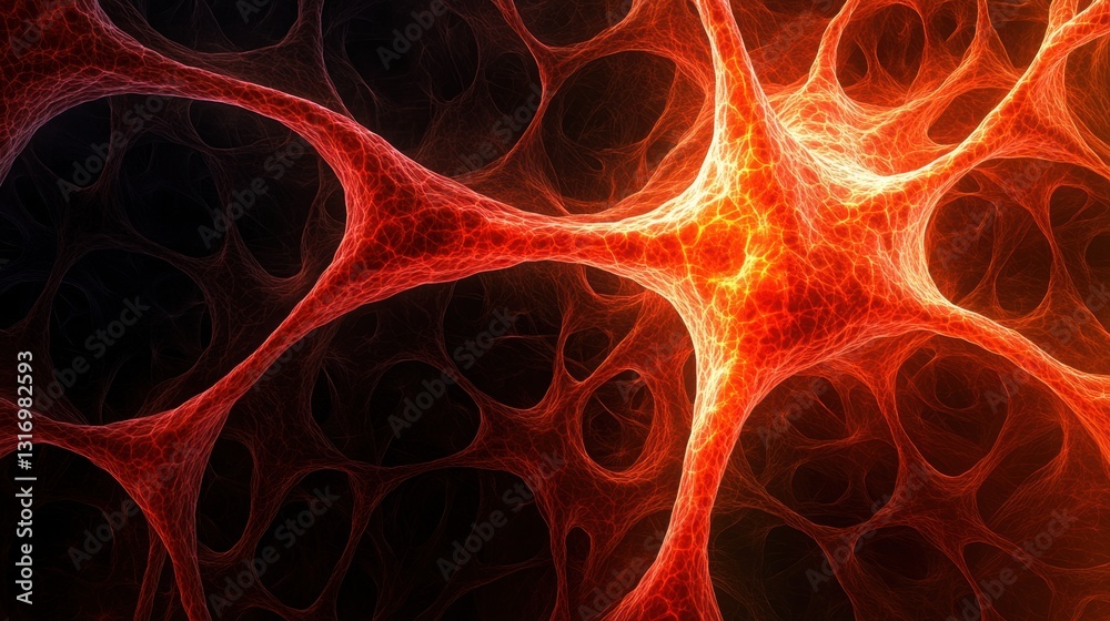 Poster abstract red neural network background with glowing connections and dark space for science and medic