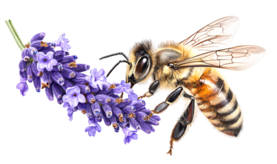 Watercolor of Honeybee Collecting Nectar from Blooming Lavender Flower Isolate on Transparent Background, cutout, png