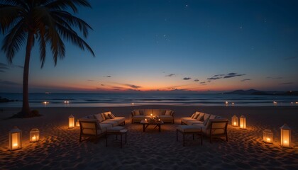 Minimalist Beach Lounge at Night with Glowing Lanterns