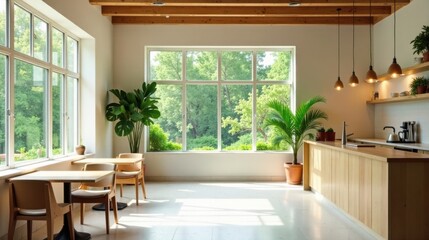 Bright Sunlight Illuminates Modern Kitchen and Dining Area with Large Windows and Wooden Accents