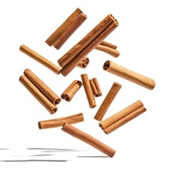 Cinnamon sticks in mid-air, isolated on white background