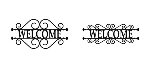 Hanging old signboard with slogan welcome. Front side view. Outdoor hanging shop sign board. Blank hotel, shop or store vintage. Ornate signs post. Ornamental corners, decoration, retro style.