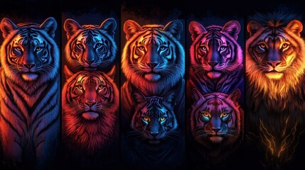 Fototapeta premium Vibrant tiger portraits in neon colors