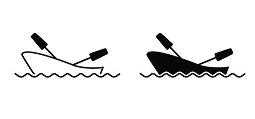 Cartoon rowing boat and paddle icon. Pleasure row boat with oars. Rowing, rower silhouette. Water transport, fishing boat.Maritime kayak boat. Water wave. rowboat for fun and holiday sports. © MarkRademaker