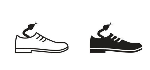 Caution check for snakes in your shoe or boot. Warning, Prohibition sign. Tropical wildlife reptiles in shoes or boots. Poisoned serpents. Reptile snake. Attention venomous snake. Beware of snakes.