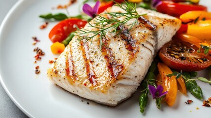 Grilled fish fillet with fresh vegetables and edible flowers on a white plate.