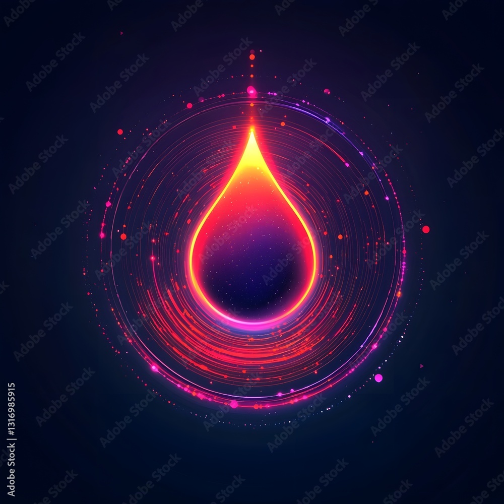 Sticker glowing minimalist water drop icon surrounded by abstract circular gradients