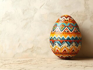 Vibrantly decorated Easter egg resting on a textured surface against a soft, neutral background