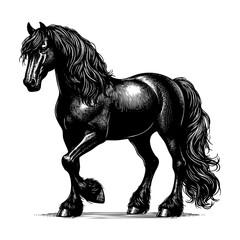 Black horse mid walk engraving black and white outline. Scratch board imitation.  illustrated in vintage line art style on a white background.
