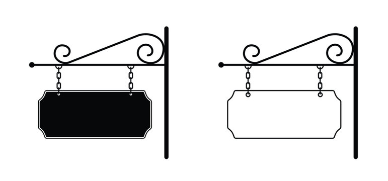 Hanging signboard with chains. Front side view. Outdoor hanging shop sign board. Blank hotel, shop or store vintage. Ornate signs post with copyspace. Ornamental corners, decoration, retro style.