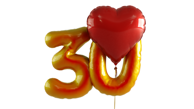 Numbers thirty hundred Balloon with red heart Isolated on transparent background