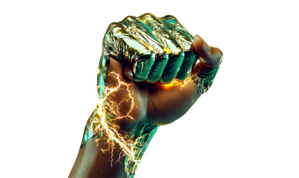 Clenched Fist Surrounded by Lightning Bolts Representing Power Isolate on Transparent Background, cutout, png