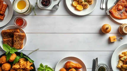 Feast your eyes on a tantalizing top view of a table adorned with delectable food or drink, ready to whet your appetite, with copy space to showcase the culinary delights