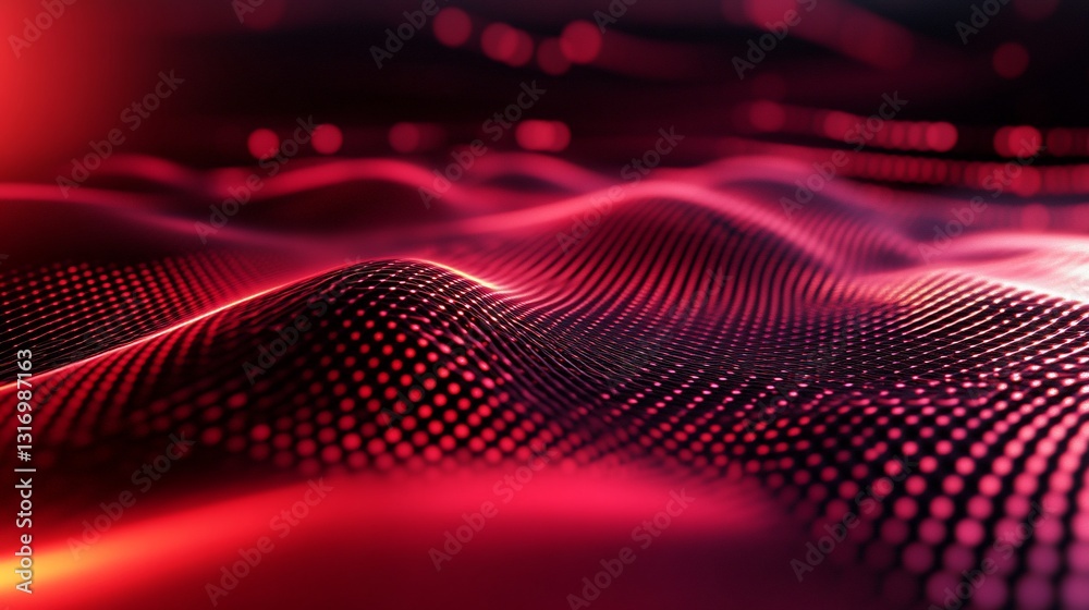 Poster abstract red digital waveform: dynamic data visualization of a flowing network