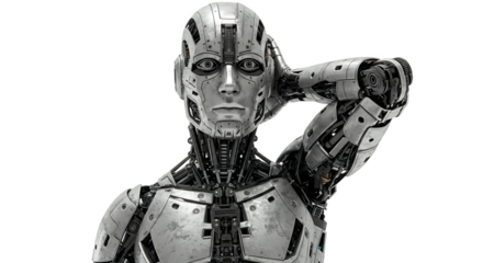 Metallic Humanoid Robot Posing with Hand Behind Head on White