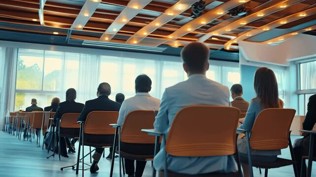 Group of professionals attending a conference in a modern conference room with bright lighting and large windows