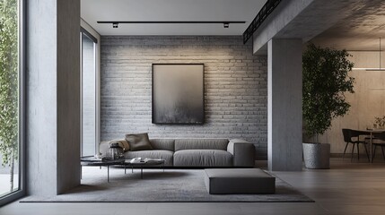 Professional Image of Modern Hall and View on Living Room with Grey Brick - Interior Design Inspiration