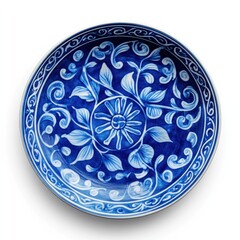 Decorative blue and white round porcelain plate with floral design