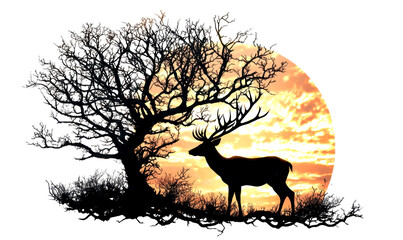 Majestic Deer Growing Antlers Amidst Mystical Tree Branches Isolate on White Background